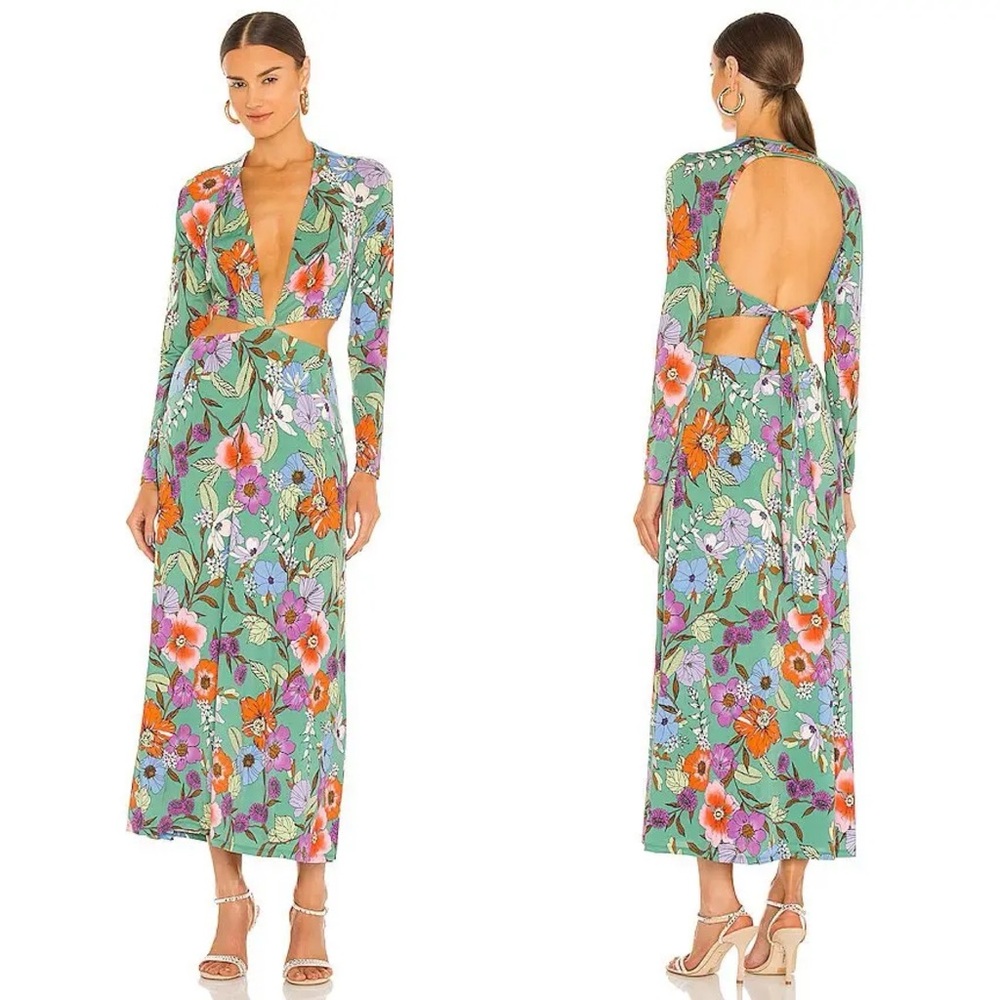 NWT AFRM Assi Cutout Detail Long Sleeve Maxi Dress in Green Vintage Floral Sz XL